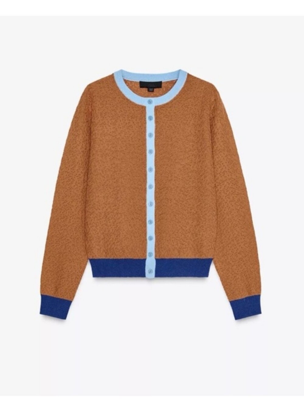 Zara Camel Knit Cardigan with Light Blue Placket & Royal Blue Trim